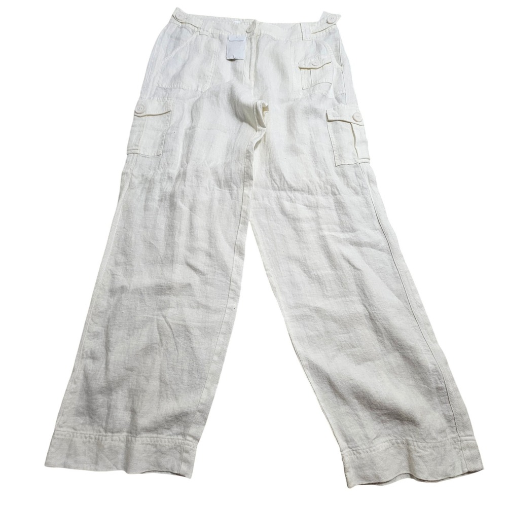 Talbots NWT Cargo Pants 14 White Irish Linen Wide Leg Adjustable Waist Pocketed